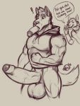  anthro balls big_balls big_penis canid canine canis clothing conal hi_res hoodie humanoid_penis male mammal penis penis_tongue speech_bubble troubled wolf 