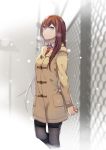  1girl arms_behind_back black_legwear blurry blurry_background breasts breath brown_coat brown_hair chain-link_fence coat collared_shirt cowboy_shot eyebrows fence hands_together hooded_coat long_hair long_sleeves looking_at_viewer makise_kurisu namari necktie outdoors pantyhose red_neckwear shirt silver_eyes small_breasts snow solo steins;gate straight_hair white_shirt 