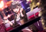  1girl :d bag bangs blurry blurry_background blurry_foreground blush bracelet breasts brown_skirt cafe casual cellphone city_lights cleavage clothes_writing coat collarbone commentary_request cup depth_of_field dutch_angle eyebrows_visible_through_hair green_coat green_eyes grey_hair hair_ornament hairclip hand_up indoors jewelry kantai_collection large_breasts long_hair looking_at_viewer necklace open_clothes open_coat open_mouth phone plant potted_plant ring shirt sidelocks sitting skirt smartphone smile solo suien suzuya_(kantai_collection) tank_top thighhighs window 