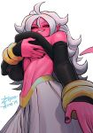  alien android_21 big_breasts blush breasts dragon_ball dragon_ball_fighterz female hi_res huge_breasts humanoid looking_at_viewer looking_down majin majin_android_21 nipples pink_skin pointy_ears simple_background smile solo white_background zillionaire 