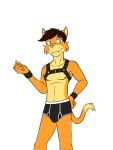  anthro briefs bulge clothed clothing dignity_or_debt domestic_cat felid feline felis fuze harness hi_res male mammal navel nipples simple_background solo topless underwear white_background 