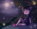  2019 ambient_firefly ambient_insect anthro arm_support arthropod beetle cartoon_hangover claire_(the_summoning) clothed clothing cute_fangs detailed_background domestic_cat felid feline felis female firefly full_moon grass hand_on_knee hi_res insect mammal moon notched_ear outside plagueofgripes plant shrub sitting sky slippers smile solo star starry_sky the_summoning tree 