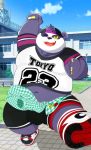  2019 alp_(tas) anthro belly clothing cute_fangs english_text fur giant_panda hat headgear headwear hi_res humanoid_hands male mammal navel one_eye_closed overweight overweight_male purple_fur shin_kuns shirt shorts solo text tokyo_afterschool_summoners topwear ursid video_games wink 