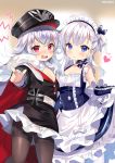  2girls apron azur_lane bangs bare_shoulders belchan_(azur_lane) belfast_(azur_lane) black_headwear black_legwear blue_eyes blush braid cape cleavage_cutout collarbone crossed_bangs dress dress_lift elbow_gloves eyebrows_visible_through_hair flat_chest french_braid frilled_apron frilled_gloves frills fur-trimmed_cape fur_trim gloves hair_between_eyes hat heart iron_cross kurot lifted_by_self long_hair long_sleeves looking_at_viewer maid maid_apron maid_headdress military_hat multiple_girls one_side_up open_mouth pantyhose peaked_cap pleated_skirt pointing pointing_at_viewer red_eyes side_braid silver_hair skirt standing thighband_pantyhose twitter_username very_long_hair waist_apron white_apron white_gloves white_legwear white_skirt zeppelin-chan_(azur_lane) 