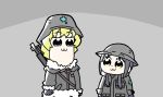  2girls :3 bkub_(style) black_hair blonde_hair brodie_helmet commentary fur_trim helmet highres military military_uniform multiple_girls nanodesu0412 parody poptepipic rifle_on_back shoujo_shuumatsu_ryokou simple_background stahlhelm style_parody twintails uniform yellow_eyes 