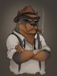  2019 anthro brown_eyes canid canine canis cigar clothed clothing domestic_dog foxyghost gangster hat headgear headwear hi_res looking_at_viewer mafia mafioso male mammal mastiff molosser pose rottweiler simple_background sketch smile smoke smoking solo 