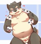  &lt;3 2018 anthro balls belly blush canid canine canis cute_fangs domestic_dog dwzaafi flaccid hi_res humanoid_hands humanoid_penis male mammal moobs moritaka nipples overweight overweight_male penis scar simple_background solo teeth tokyo_afterschool_summoners towel video_games 