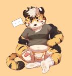  2018 anthro belly blush bulge clothing cub dwzaafi felid hi_res hoodie humanoid_hands male mammal pantherine shirt simple_background sitting slightly_chubby solo tiger topwear underwear undressing young 