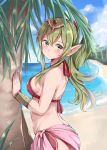  1girl beach bikini blue_sky blush breasts chiki closed_mouth cloud day eyebrows_visible_through_hair fire_emblem fire_emblem:_kakusei fire_emblem:_monshou_no_nazo fire_emblem_heroes from_side green_eyes green_hair hair_between_eyes high_ponytail jiino long_hair looking_at_viewer looking_to_the_side mamkute medium_breasts nintendo ocean outdoors palm_tree pink_sarong pointy_ears ponytail red_bikini sarong sideboob sky solo standing swimsuit tiara tree water 