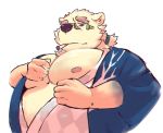  2019 anthro belly blue_eyes cigarette clothing episode0006 eyewear fur glasses hi_res humanoid_hands leib_(tas) male mammal moobs nipples overweight overweight_male polar_bear robe simple_background smoking solo tokyo_afterschool_summoners ursid ursine video_games white_background white_fur 