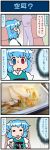  1girl =_= airplane_interior blue_eyes blue_hair comic commentary_request eyes_closed food fork hat heterochromia highres holding holding_fork juliet_sleeves long_sleeves mizuki_hitoshi open_mouth photo puffy_sleeves red_eyes short_hair sitting smile stewardess sweatdrop tatara_kogasa thought_bubble touhou translation_request udon vest 
