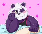  2019 5:4 alp_(tas) anthro blush clothing cute_fangs duo fur giant_panda hand_holding hi_res male mammal mohumohudansi moobs one_eye_closed overweight overweight_male pink_background purple_fur shirt simple_background tokyo_afterschool_summoners topwear ursid video_games wink 