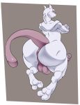  2019 2_toes a-side anthro anus balls big_butt big_tail border butt crossed_arms digital_media_(artwork) erection floating grey_background hi_res humanoid_penis legendary_pok&eacute;mon long_tail looking_at_viewer looking_back male mewtwo nintendo nude paws penis pok&eacute;mon pok&eacute;mon_(species) presenting presenting_hindquarters purple_balls purple_eyes purple_penis purple_tail rear_view simple_background solo suspended_in_midair tail_aside toes video_games white_border wide_hips 