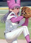  1girl artist_name ass bangs baseball_cap baseball_glove baseball_uniform black_footwear clothes_writing feet_out_of_frame fkey hat highres long_hair long_sleeves looking_at_viewer original outdoors pants pink_headwear pink_legwear red_eyes shirt shoes short_sleeves silver_hair smile socks solo sportswear standing standing_on_one_leg uneven_eyes white_pants white_shirt 