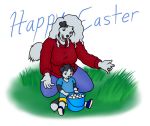  2019 anthro bilabee blue_eyes border_collie canid canine canis clothed clothing collie cub digital_media_(artwork) domestic_dog duo easter easter_egg egg elaine_budderbup english_text female fur hair herding_dog holidays humanoid_hands male mammal mature_female mother mother_and_son multicolored_fur open_mouth parent sheepdog simple_background smile son sweater text topwear two_tone_fur white_fur young 