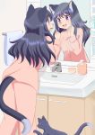  2019 ambiguous_gender animal_humanoid bathroom black_hair blue_eyes blush cat_humanoid domestic_cat duo felid felid_humanoid feline feline_humanoid felis female feral hair humanoid humanoid_focus implied_transformation long_hair mammal mirror open_mouth roina smile standing sweat sweatdrop whiskers 