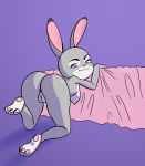  2019 anthro bed breasts butt countershade_torso countershading digital_media_(artwork) disney eyelashes female fur grey_fur hi_res judy_hopps lagomorph leporid looking_at_viewer looking_back loshon mammal multicolored_fur nipples nude presenting presenting_hindquarters purple_eyes pussy rabbit simple_background smile solo toes two_tone_fur white_countershading zootopia 