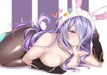  1girl alternate_costume animal_ear_fluff animal_ears bare_shoulders black_gloves black_legwear blush breasts bunny_ears bunny_tail bunnysuit camilla_(fire_emblem_if) cleavage closed_mouth detached_collar fire_emblem fire_emblem_heroes fire_emblem_if gloves hair_over_one_eye heart jiino large_breasts lavender_hair long_hair looking_at_viewer lying nintendo on_side pantyhose purple_background purple_eyes skin_tight smile solo tail topless two-tone_background white_background 