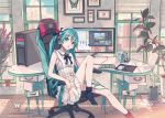  alternate_costume aqua_eyes aqua_hair bug butterfly chibi city collaboration computer dress earphones flower green_eyes green_hair hatsune_miku insect ixima long_hair looking_at_viewer ribbon socks tagme twintails very_long_hair vocaloid 