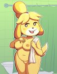  animal_crossing anthro bathroom blonde_hair breasts canid canine canis domestic_dog female fur hair hi_res isabelle_(animal_crossing) mammal nintendo nude open_mouth pussy shih_tzu slightly_chubby solo steeckykees towel toy_dog video_games wet wet_fur yellow_fur 