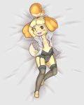  1girl animal_ears arms_up bed_sheet bell black_eyes black_legwear black_panties blonde_hair blush_stickers breasts buck_teeth collarbone dakimakura dog_ears dog_girl dog_tail doubutsu_no_mori female from_above full_body furry garter_belt garter_straps grey_background hair_bell hair_ornament hair_tie happy highres jingle_bell lingerie looking_to_the_side lying navel nintendo no_humans on_back open_clothes open_mouth open_shirt panties paws red_ribbon ribbon shirt shizue_(doubutsu_no_mori) short_hair short_sleeves simple_background small_breasts smile solo suenbroe sweat tail thighhighs tied_hair toeless_legwear topknot underwear white_shirt 