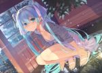  1girl bangs beek blue_eyes blue_hair dress dutch_angle feet full_body hair_ribbon hands_on_feet hatsune_miku highres long_hair nail_polish rain ribbon sandals solo squatting toenail_polish toes twintails very_long_hair vocaloid 