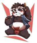  2017 anthro black_nose blush bulge clothed clothing dwzaafi fundoshi giant_panda hi_res humanoid_hands japanese_clothing male mammal one_eye_closed open_shirt shirt slightly_chubby solo teeth topwear underwear ursid wink 