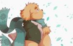  2018 anthro belly blush canid canine canis clothing cu_sith_(tas) domestic_dog dwzaafi fur hi_res hoodie male mammal scarf simple_background slightly_chubby solo tokyo_afterschool_summoners video_games white_background yellow_fur 