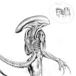  2006 alien alien_(franchise) butt madzee monochrome simple_background traditional_media_(artwork) white_background xenomorph 