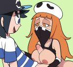  1boy 1girl black_hair blue_eyes breasts breasts_outside eyelashes female hat highres looking_at_penis looking_down male male_protagonist_(pokemon_sm) mask miscon nervous_smile nintendo nipples orange_eyes orange_hair paizuri penis pokemon pokemon_(anime) pokemon_(game) pokemon_sm skull_hat striped striped_shirt tank_top tank_top_lift team_skull team_skull_grunt video_games you_(pokemon_sm) 