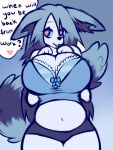  &lt;3 &lt;3_eyes 2019 anthro belly blue_eyes blue_fur blue_hair bra breasts cleavage clothed clothing english_text fan_character female fluffy fluffy_tail fur hair hi_res napdust navel shorts solo speech_bubble text underwear 