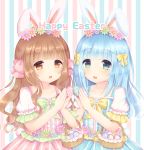  2girls :d animal_ears bangs basket blue_dress blue_flower blue_nails blunt_bangs blush bow brown_eyes brown_hair bunny_ears bunny_girl bunny_tail caramel_(caramelmilk) center_frills collarbone commentary dress easter easter_egg egg english_commentary eyebrows_visible_through_hair fingernails flower frills green_eyes green_flower hair_bow hair_flower hair_ornament hands_up happy_easter holding holding_egg multiple_girls nail_polish open_mouth original pink_bow pink_dress pink_flower pink_nails puffy_short_sleeves puffy_sleeves short_sleeves smile striped striped_background tail vertical-striped_background vertical-striped_dress vertical_stripes white_flower yellow_bow 