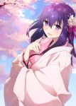  1girl :d blush cherry_blossoms commentary_request earrings eyebrows_visible_through_hair fate/grand_order fate_(series) flower hair_flower hair_ornament japanese_clothes jewelry kasuga_no_tsubone_(fate/grand_order) kimono long_hair looking_at_viewer open_mouth pink_kimono purple_eyes smile solo tsuedzu 