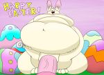 balls belly big_balls big_belly bright_colors easter easter_egg hi_res holidays huge_balls hyper hyper_balls hyper_belly hyper_penis kanahu lagomorph leporid mammal obese outside overweight penis rabbit simple_background solo text 