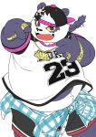  2019 alp_(tas) anthro belly black_nose clothing cute_fangs english_text fur giant_panda hat headgear headwear hi_res humanoid_hands male mammal okoge_16 overweight overweight_male purple_fur shirt shorts simple_background solo text tokyo_afterschool_summoners topwear ursid video_games white_background 