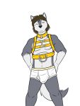  anthro briefs bulge canid canine canis clothed clothing collar dignity_or_debt fuze harness hi_res male mammal navel nipples simple_background solo topless underwear white_background wolf 