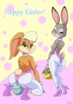  blonde_hair blue_eyes bunny_costume canime clothing costume disney duo easter egg female fur grey_fur hair holidays judy_hopps lagomorph leporid lola_bunny looking_at_viewer looney_tunes mammal rabbit warner_brothers zootopia 