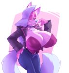  big_breasts big_nipples bigdad blue_eyes blue_nose breasts bustier canid canine cleavage clothed clothing collar denisse female fox hair huge_breasts jeans looking_at_viewer mammal nipple_outline nipples one_eye_closed open_jacket pants smile solo wink 