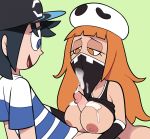  1boy 1girl black_hair blue_eyes breasts breasts_outside cum cum_on_breasts cum_on_mask ejaculation eyelashes female hat highres looking_at_penis looking_down male male_protagonist_(pokemon_sm) mask miscon nervous_smile nintendo nipples orange_eyes orange_hair paizuri penis pokemon pokemon_(anime) pokemon_(game) pokemon_sm skull_hat striped striped_shirt tank_top tank_top_lift team_skull team_skull_grunt video_games you_(pokemon_sm) 
