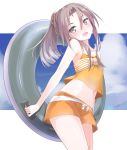  1girl alternate_costume blue_sky brown_hair camisole casual cloud commentary_request cowboy_shot gedoo_(gedo) grey_eyes highres innertube kantai_collection long_hair looking_at_viewer midriff open_mouth orange_shorts shorts sky solo standing zuihou_(kantai_collection) 