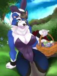  absurd_res anthro basket blue_fur breasts bunny_costume clothed clothing costume dusk_lycanroc egg eyewear female fur glasses hi_res lycanroc mammal nintendo pok&eacute;mon pok&eacute;mon_(species) skye_primis skylosminkan solo video_games 