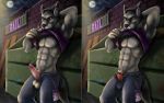  2019 abs alley anthro armpit_hair balls biceps biped black_eyebrows black_nose boxers_(clothing) bulge canid canine canis claws clothed clothing cooper_estevez detailed_background digital_media_(artwork) dumpster erection erection_under_clothes eyebrows full_moon fur glans grey_balls grey_claws grey_fur grey_tail hand_behind_head headgear headphones headset hi_res humanoid_penis jackaloo jeans male mammal moon muscular muscular_male night open_pants outside pants pecs penis pink_glans pink_penis precum purple_clothing purple_shirt purple_topwear raised_clothing raised_shirt red_clothing red_eyes red_underwear security shirt solo standing tank_top topwear underwear wolf 
