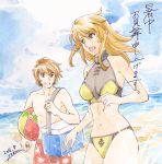  1boy 1girl 2016 :d anchor_print ball beach beachball bikini blonde_hair breasts brown_eyes cleavage cloud day eyebrows_visible_through_hair floating_hair hair_between_eyes holding holding_ball kodai_susumu long_hair male_swimwear medium_breasts mori_yuki navel open_mouth outdoors purple_eyes shiny shiny_hair signature sketch smile swimsuit swimwear traditional_media uchuu_senkan_yamato uchuu_senkan_yamato_2199 watercolor_(medium) yellow_bikini yokon2199 