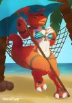  2_toes anthro beach bikini black_scales breasts claws clothing coconut conditional_dnp digimon digimon_(species) digital_media_(artwork) female food fruit guilmon hammock head_wings hi_res looking_at_viewer navel nipples open_mouth palm_tree red_scales sand scales scalie sea seaside sefeiren sitting sky swimwear thick_tail toes tongue tree umbrella water white_scales wide_hips wings yellow_eyes 