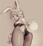  5_fingers anthro biped breasts bunny_costume butt butt_pose camel_toe carrot_(one_piece) costume digital_media_(artwork) eyelashes female fluffy fluffy_tail grey_background hi_res lagomorph leporid long_ears looking_at_viewer mammal minkmen_(one_piece) monochrome napalm_express one_piece rabbit side_boob simple_background solo wrist_cuff 