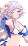  1girl armpits bikini blue_bow blue_eyes blush bow breasts closed_mouth eyebrows_visible_through_hair farrah_(granblue_fantasy) flipped_hair front-tie_bikini front-tie_top granblue_fantasy jacket looking_at_viewer matsuki_tou medium_breasts navel open_clothes open_jacket short_hair silver_hair simple_background smile solo stomach sweat swimsuit upper_body white_background white_bikini 