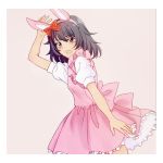  1girl andou_(girls_und_panzer) animal_ears april_tada bangs beige_background black_hair bow brown_eyes bunny_ears collared_shirt dark_skin dress easter embarrassed eyebrows_visible_through_hair fake_animal_ears frilled_dress frills from_side frown girls_und_panzer hair_bow hand_on_head lace lace-trimmed_dress large_bow leaning_forward medium_hair messy_hair open_mouth pink_dress puffy_short_sleeves puffy_sleeves red_bow shirt short_dress short_sleeves simple_background solo standing white_shirt 