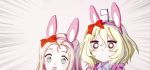  2girls :d animal_ears april_tada bangs blonde_hair blurry blurry_background bow bunny_ears closed_mouth collared_shirt dress easter emphasis_lines fake_animal_ears flag frilled_dress frills frown girls_und_panzer green_eyes hair_bow long_hair marie_(girls_und_panzer) medium_hair messy_hair motion_lines multiple_girls o_o open_mouth oshida_(girls_und_panzer) pink_dress puffy_short_sleeves puffy_sleeves red_bow shirt short_sleeves smile white_flag white_shirt 