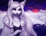  anthro breasts canid canine clothed clothing eyelashes female hair keumano mammal outside snow solo 