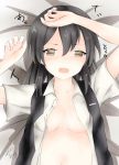  1girl arms_up bangs bed_sheet black_hair blush breasts brown_eyes collared_shirt commentary_request dakkusu dated dress_shirt eyebrows_visible_through_hair hair_between_eyes heart kantai_collection long_hair lying navel on_back open_clothes open_mouth open_shirt out-of-frame_censoring oyashio_(kantai_collection) saliva shirt short_sleeves signature small_breasts solo upper_body wavy_mouth white_shirt 